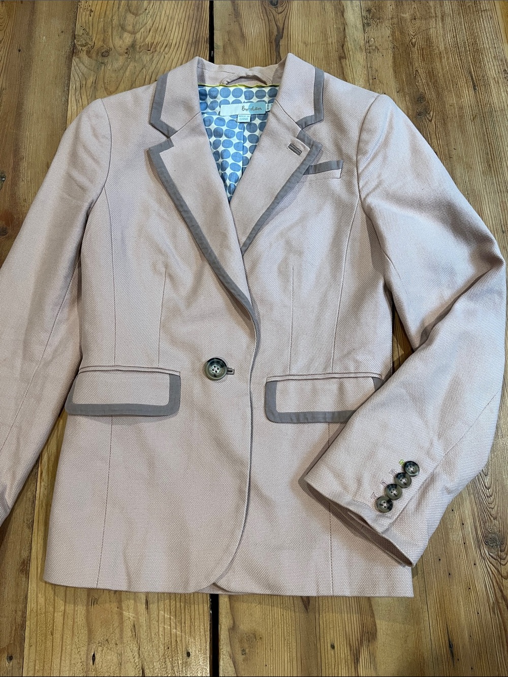 BODEN 2 Pink Cotton Blazer Jacket w/ Grey Trim Notch Collar Button Up